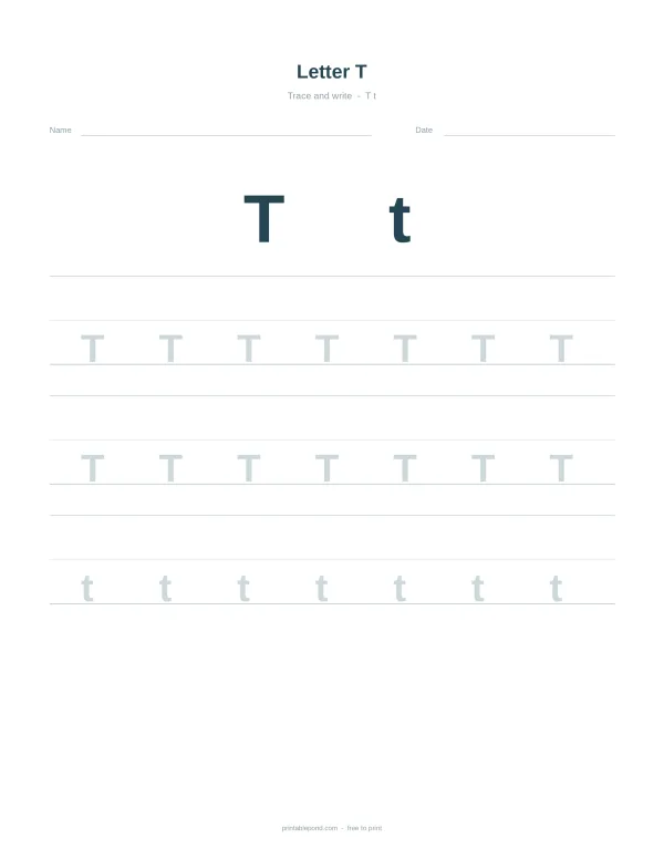 Uppercase and lowercase letter T for tracing practice on lined paper.