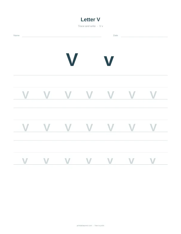 Uppercase and lowercase letter V repeated on lines for tracing practice.
