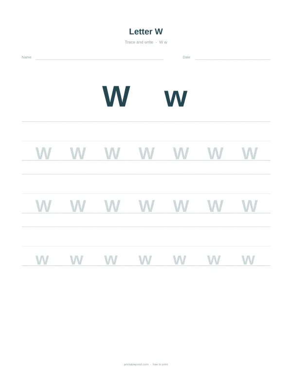Worksheet with large uppercase and lowercase Ws for tracing, with lines for writing practice.