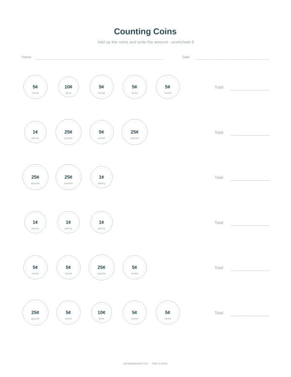 Worksheet with rows of circles containing coin values for addition practice.