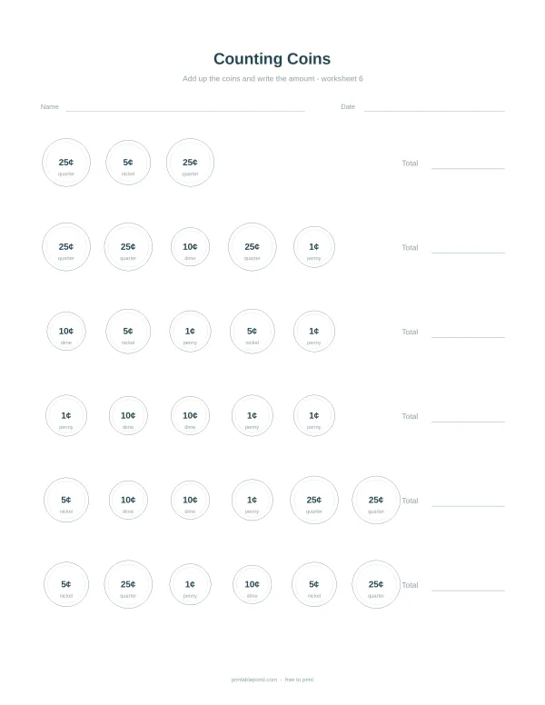A worksheet with rows of circles containing different US coins and their values for counting practice.