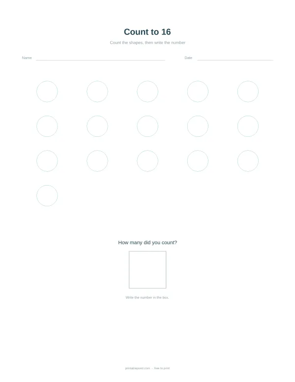 A worksheet with 16 circles arranged in rows and a box for writing a number, with prompts for name, date, and counting.