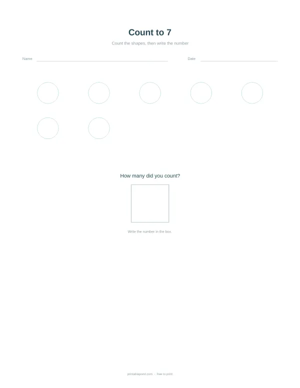 A math worksheet with seven empty circles to count and a box to write the number.