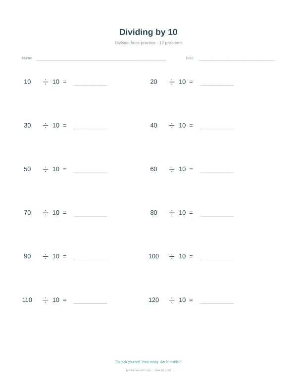 A math worksheet with division problems, asking to divide numbers by 10.