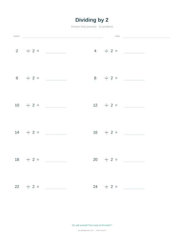 Worksheet with division problems dividing by two, with space for answers.