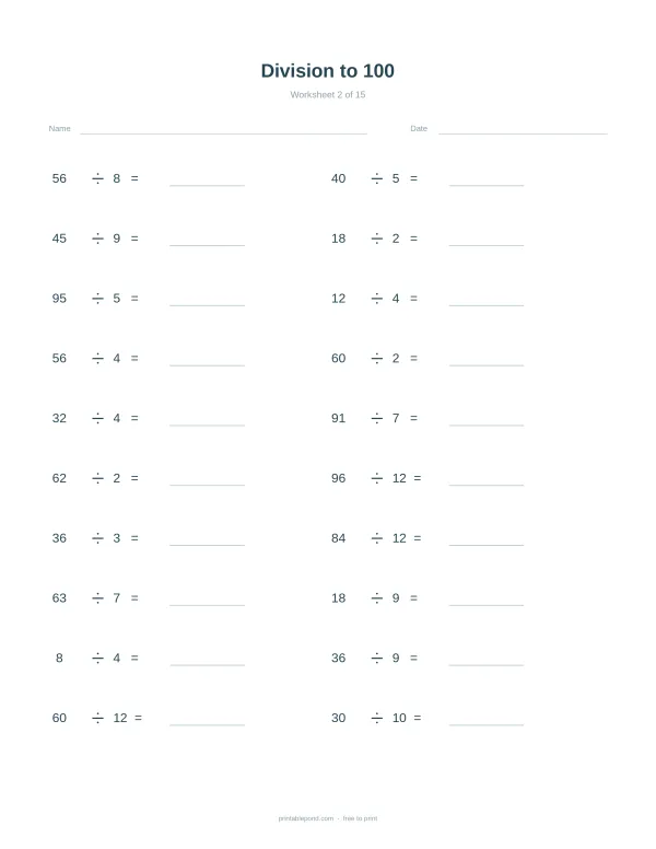 A math worksheet with division problems up to 100, with blank spaces for answers.