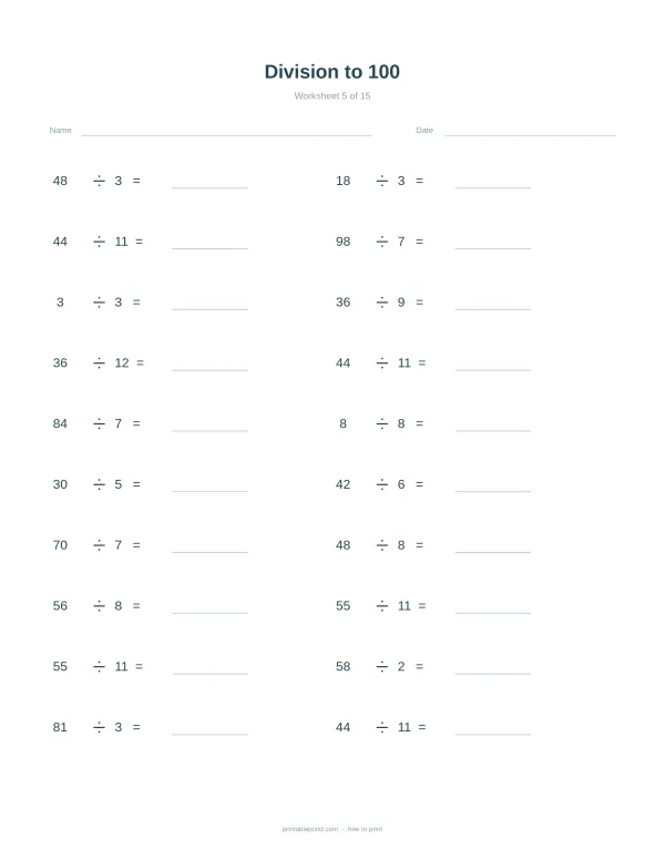 A worksheet with division problems for numbers up to 100, with space for answers.