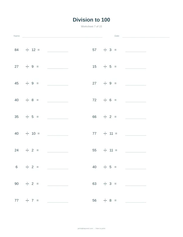 A math worksheet with division problems up to 100, spaces for answers, and fields for name and date.