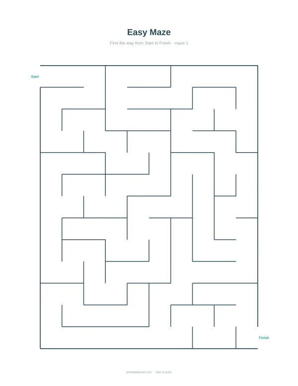 An easy maze with a single path from start to finish, marked with simple lines.