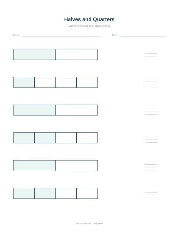 Worksheet with rows of shaded and unshaded rectangles divided into halves and quarters for fraction identification.