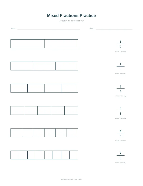 Worksheet with boxes to color for practicing fractions, showing 1/2, 1/3, 3/4, 4/5, 5/6, and 7/8.