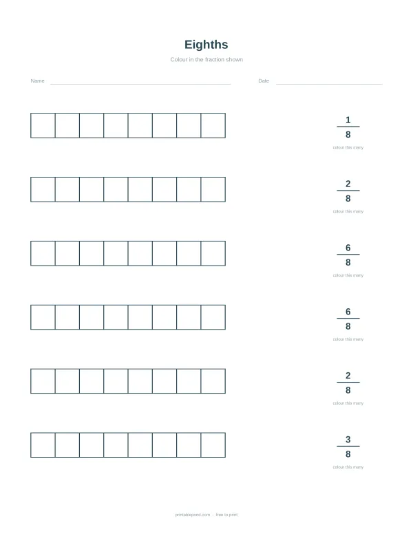 Worksheet with rows of boxes to shade in fractions of eighths, with fractions listed on the right.