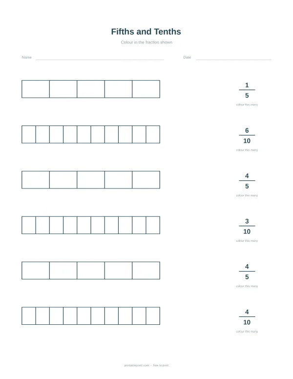 Worksheet with rows of boxes to shade for fractions like 1/5, 6/10, 4/5, 3/10, 4/5, and 4/10.