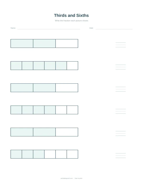 Worksheet showing six rows of shaded and unshaded rectangles divided into thirds and sixths for writing fractions.
