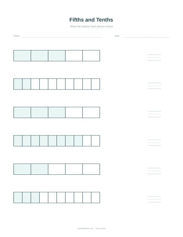 Worksheet with boxes to color and lines to write fractions for fifths and tenths.