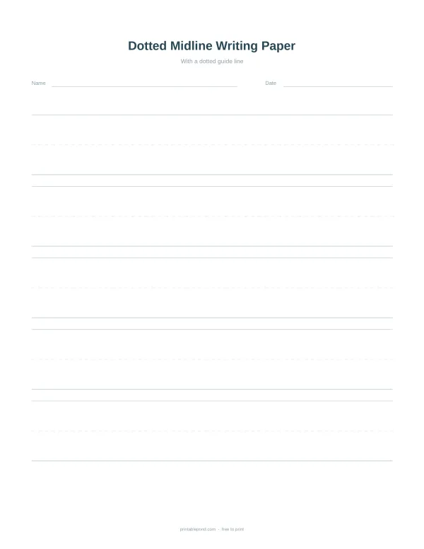 A page with lines and a dotted midline for practicing handwriting, with fields for name and date.
