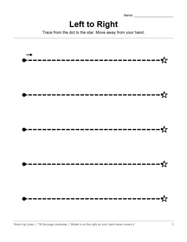 Worksheet with dotted lines connecting dots to stars, meant for tracing practice.