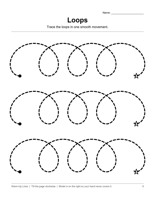 Dotted lines forming loops for tracing practice, starting with a black dot and ending with a small star.