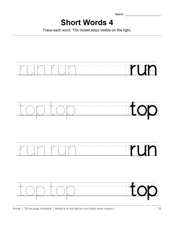 Handwriting worksheet with dotted lines for tracing the words 'run' and 'top', with solid letter models.