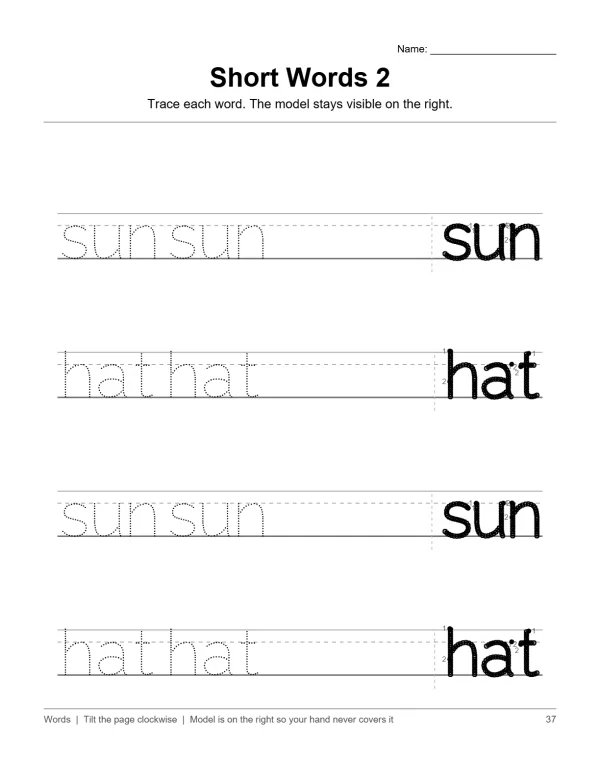Worksheet with dotted lines for tracing the words sun and hat, with solid examples on the right.