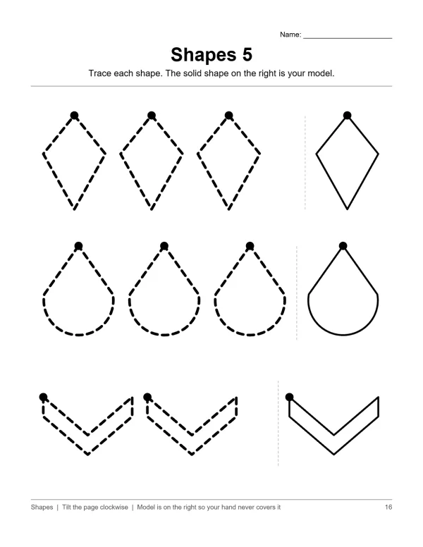 Worksheet with dashed lines for tracing diamonds, teardrops, and chevrons next to solid models.
