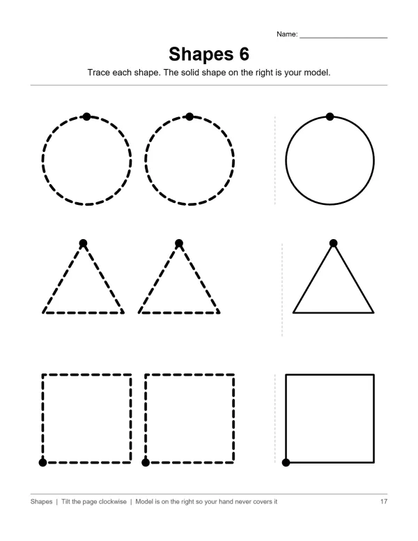 Worksheet with dashed outlines of circles, triangles, and squares to trace, with solid shapes as models.