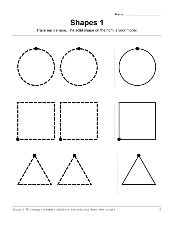 Dashed outlines of circles, squares, and triangles to trace, with solid examples on the right.