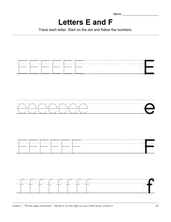 Worksheet with dotted lines for tracing uppercase and lowercase letters E and F, with examples on the right.
