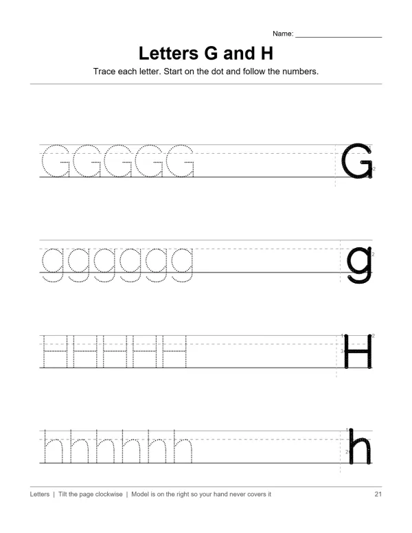 Tracing practice worksheet for uppercase and lowercase letters G and H, with dotted letter guides.
