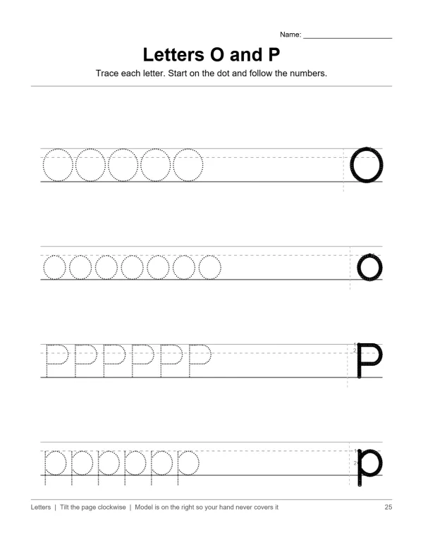 Tracing practice worksheet for uppercase and lowercase letters O and P with dotted lines and numbered starting points.