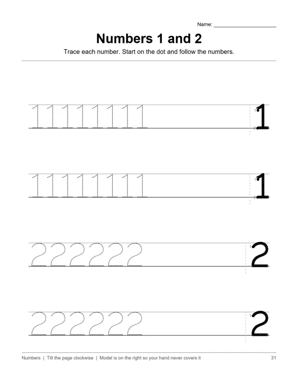 Worksheet with dotted lines for tracing the numbers one and two, with solid numbers on the right.