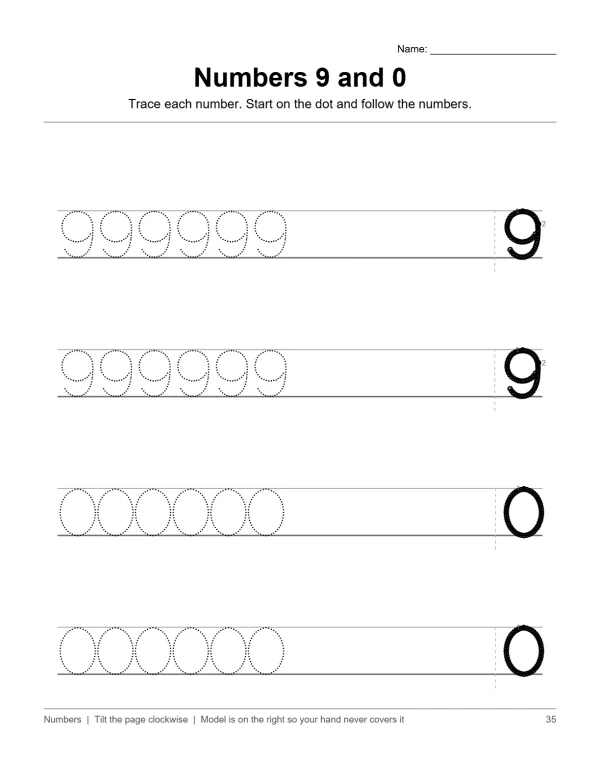 Worksheet with dotted numbers 9 and 0 to trace, with solid numbers as guides.