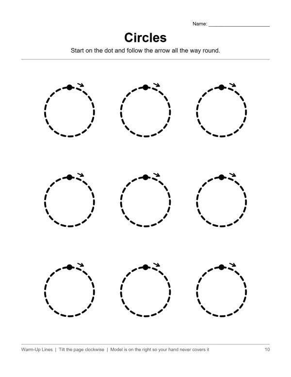 Nine dotted circles with start dots and directional arrows for tracing practice.