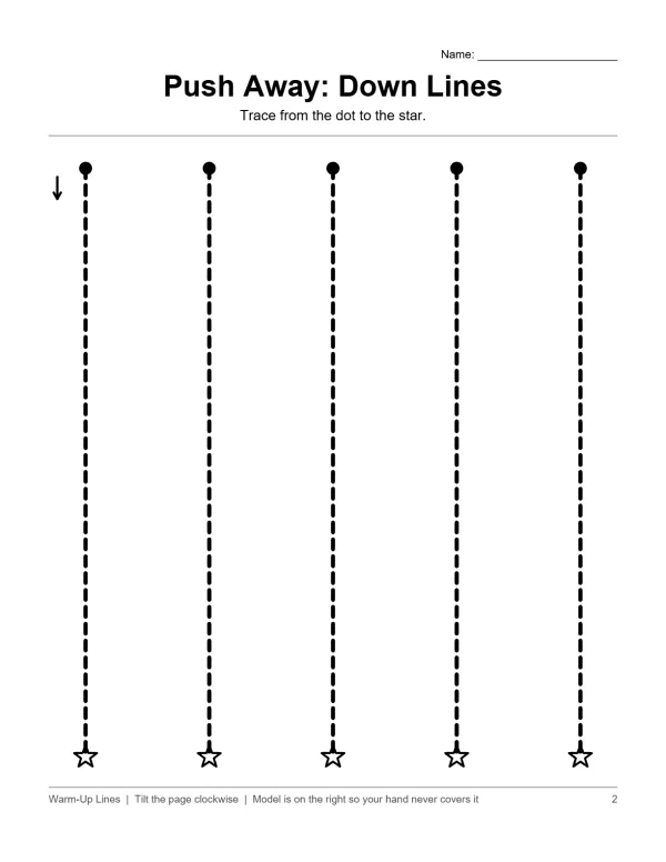 Worksheet with five dashed vertical lines from dots to stars for tracing practice.