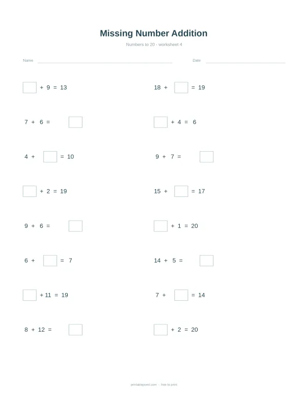 A worksheet with simple addition problems with missing numbers to solve, up to 20.