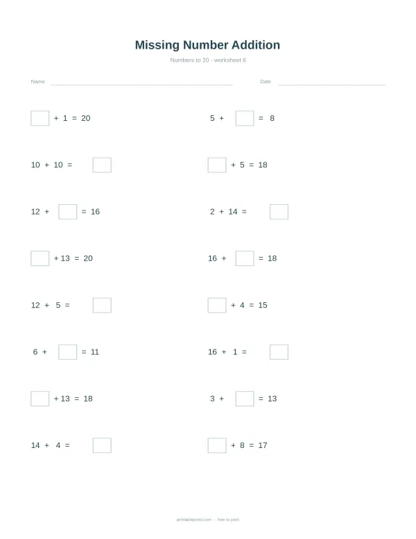 Worksheet with math problems requiring students to fill in missing numbers for addition equations up to 20.