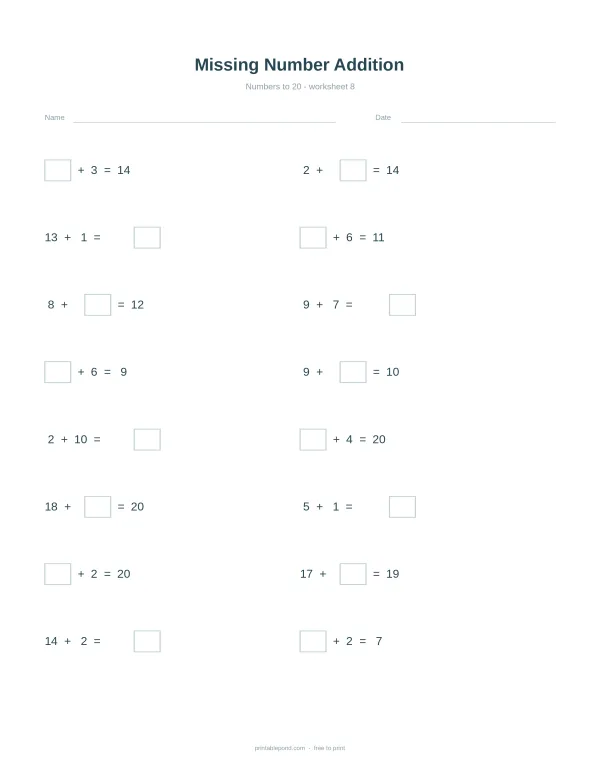 A math worksheet with addition problems where a number is missing, for numbers up to 20.