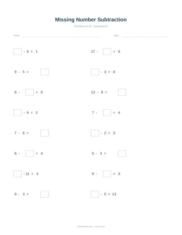 Missing number subtraction worksheet with numbers to 20