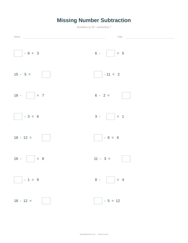 Missing number subtraction worksheet with numbers to 20