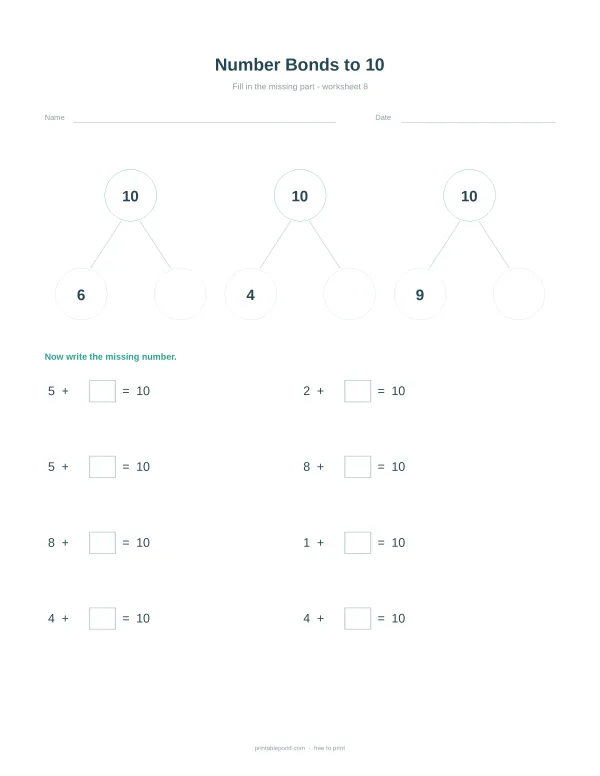 Worksheet with number bond diagrams and equations for adding to 10.