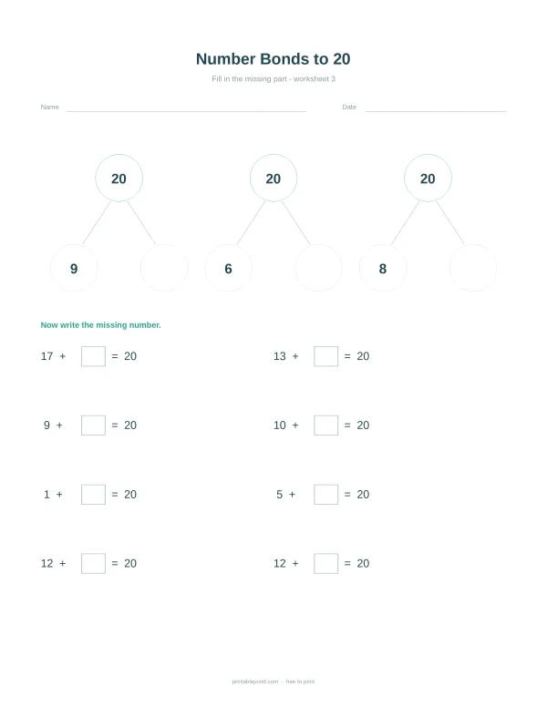 Number bonds to 20 math worksheet with missing numbers in addition equations.