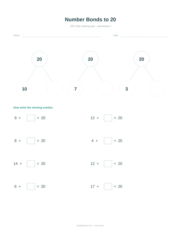 Worksheet with number bond diagrams and addition problems up to 20.