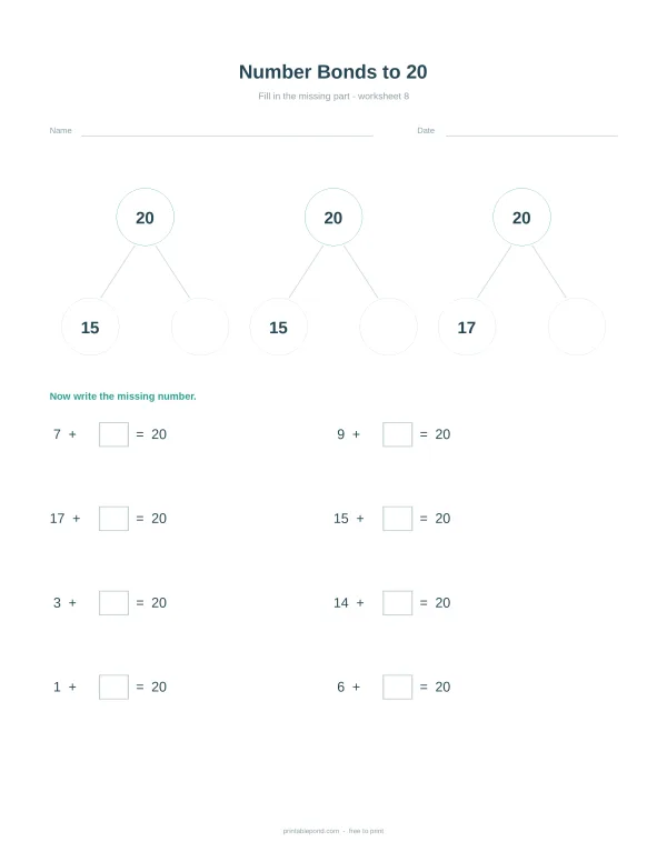 Number bonds to 20 worksheet with number trees and addition equations to solve.