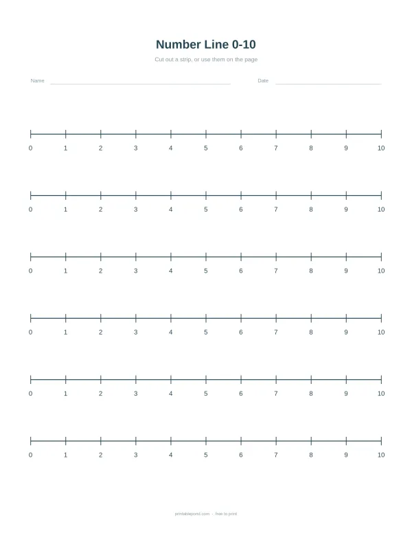 Multiple horizontal number lines labeled 0 through 10, with spaces for name and date.