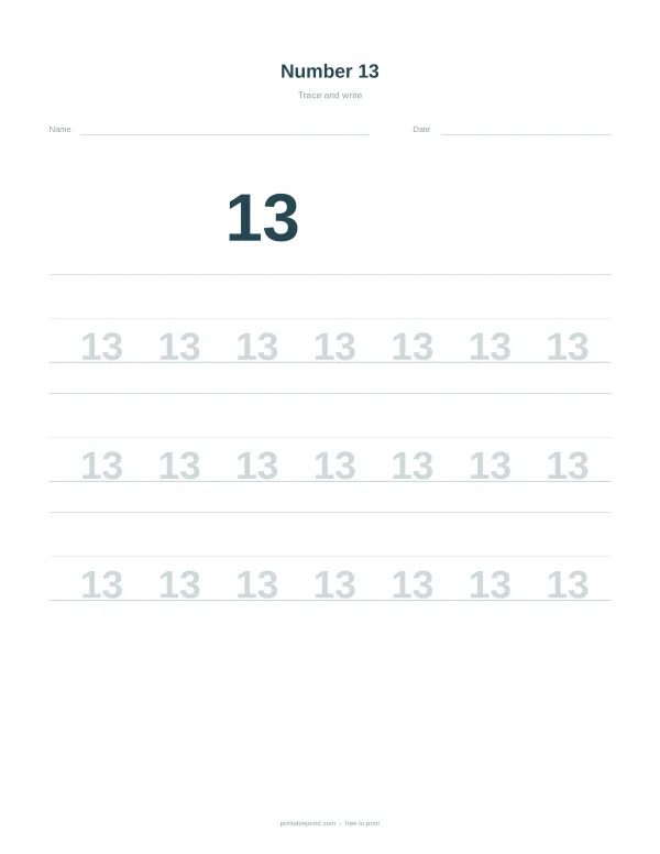 A worksheet with the number 13 prominently displayed, followed by rows of numbers 13 for tracing practice.