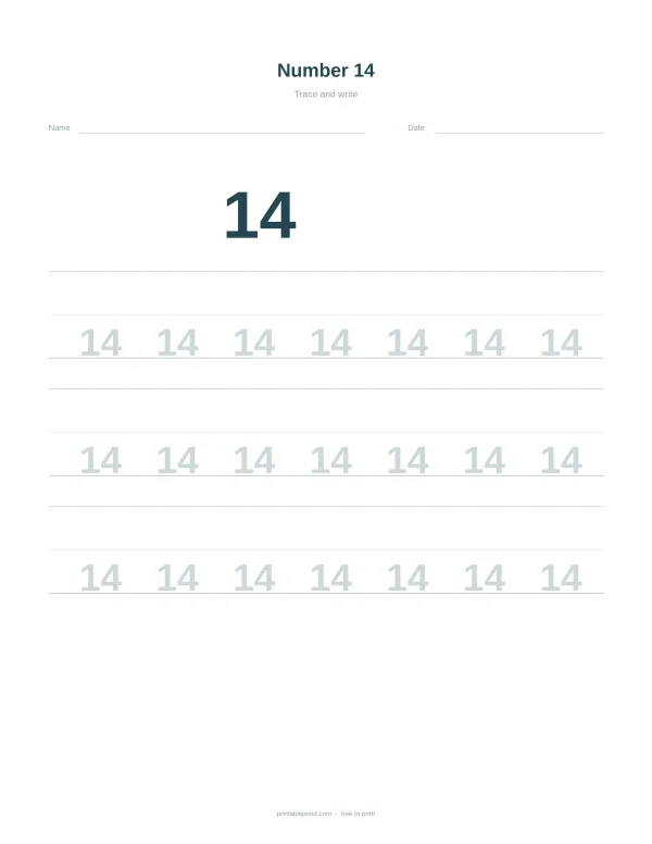 A number tracing worksheet with the number 14 repeated multiple times for practice.