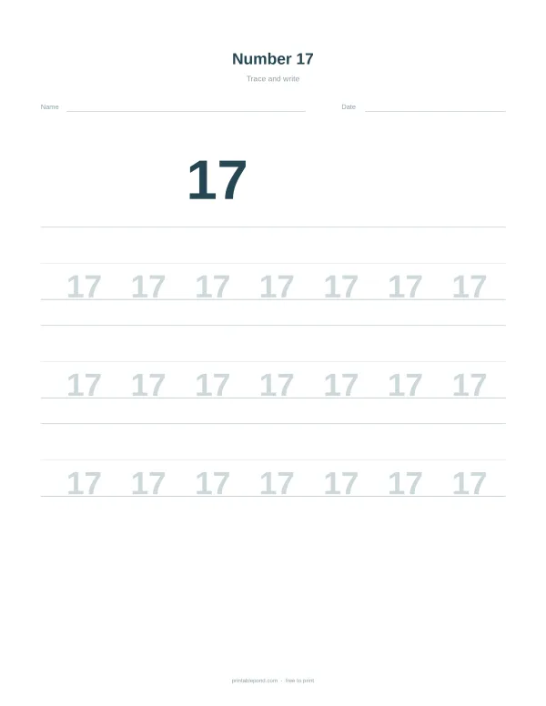 A worksheet with the number 17 repeated on lines for tracing practice.