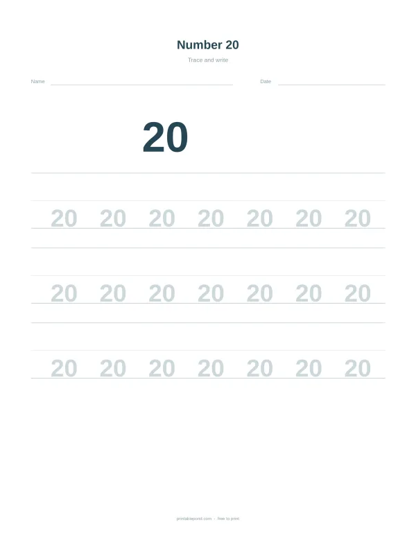 A worksheet with the number 20 at the top, followed by lines with dotted 20s to trace.