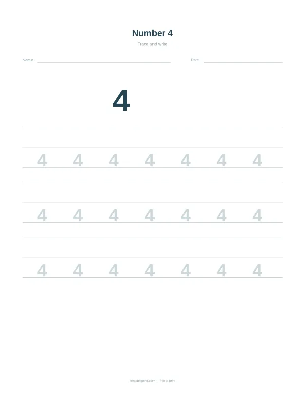 A worksheet with the number 4 repeated multiple times for tracing practice.