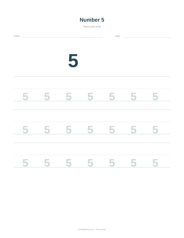 A worksheet with the number 5 large in the center, followed by rows of dotted 5s to trace.